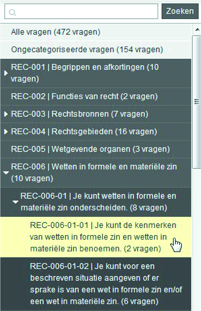 Each item bank within the RemindoToets item bank system of Toets & Leer offers three categories: Subject – Learning objective – Test objective. This means that you can only expand three categories to search for a test question, i.e.: subject, learning objective and test objective. The art has been to make the list of topics not too general, but at the same time not overly detailed.